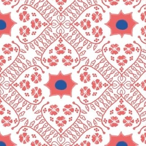 Indian block print-style floral pattern in coral, blue and white