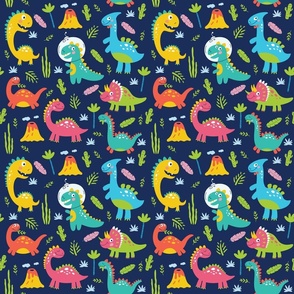 Cartoon Dinosaur Pattern for Kids on Blue, Small Scale