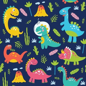 Cartoon Dinosaur Pattern for Kids on Blue, Medium Scale