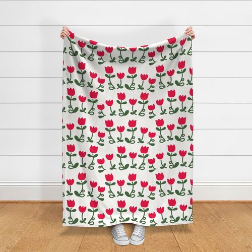 Cute Folk Tulips in Bright Red on Light Ivory - Large