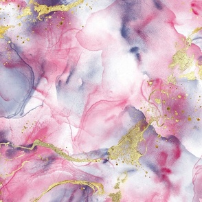 Abstract watercolor. Pink, blue and gold.