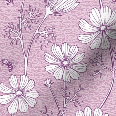 Honey Bees Among the Cosmos Floral in Purple (large scale)