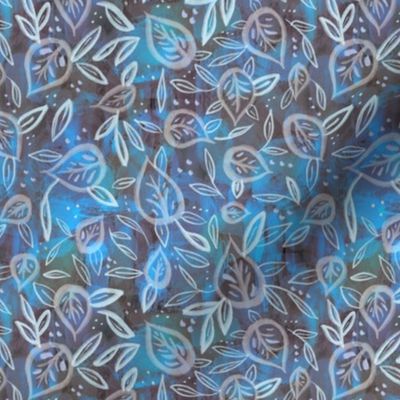 Tropical Blue Leaf Motif on Painted Blue Texture