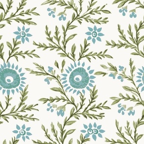 Block Print Sunflower Aqua and Olive