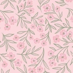 Feminine Dainty Pink Flowers and Soft Green Leaves