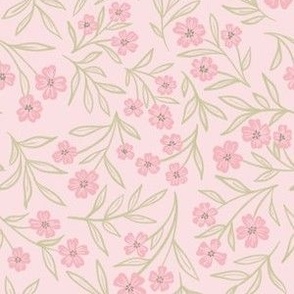 Soft Pastel Pink Feminine Dainty Flowers and Cool Green Leaves