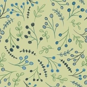 Boho Green and Blue Twigs and Branches on Sage Green