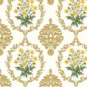 Buttercup watercolor bouquet in Damask design in antique gold on natural white walpaper