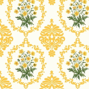 Buttercup watercolor bouquet in Damask design in rich gold on natural white wallpaper