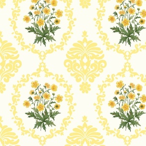 Buttercup watercolor bouquet in Damask design in light  yellow on natural white wallpaper