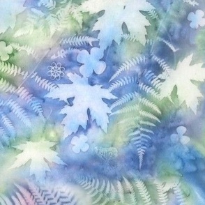 Ferns and Maple Leaves Sunprints in Blue and Green