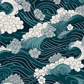 Teal and white Japanese style ocean waves and floral design