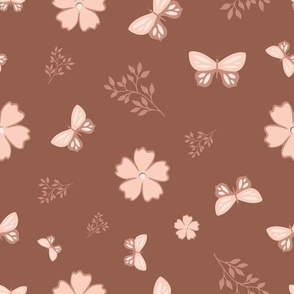 Butterflies, Leaves and Flowers on Dark Background