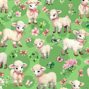 Vintage 40s Lambs in Clover Pink Flowers Bow Green Large  Retro Greeting Card Style