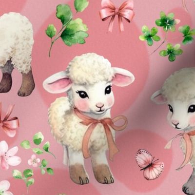 Vintage 40s Lambs in Clover Pink Flowers Bow Pink  Large  Retro Greeting Card Style