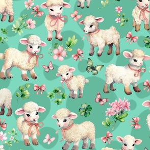 Vintage 40s Lambs in Clover Pink Flowers Bow on Aqua Blue  Large  Retro Greeting Card Style