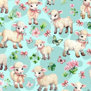 Vintage 40s Lambs in Clover Pink Flowers Bow on Blue Large  Retro Greeting Card Style