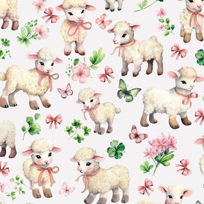 Vintage 40s Lambs in Clover Pink Flowers Bow White Large  Retro Greeting Card Style