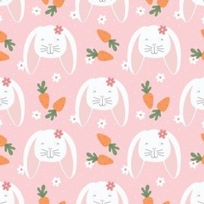 Easter Bunnies and Carrots on Pink Background