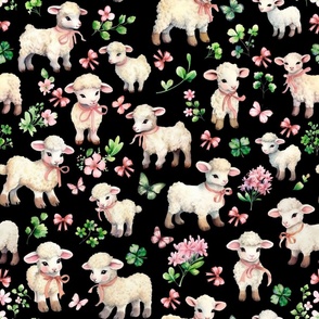 Vintage 40s Lambs in Clover Pink Flowers Bow Black Medium Scale