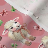 Vintage 40s Lambs in Clover Pink Flowers Bow Pink  Retro Greeting Card Style