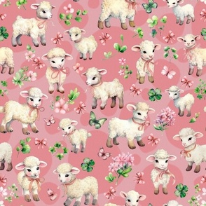 Vintage 40s Lambs in Clover Pink Flowers Bow Pink  Retro Greeting Card Style