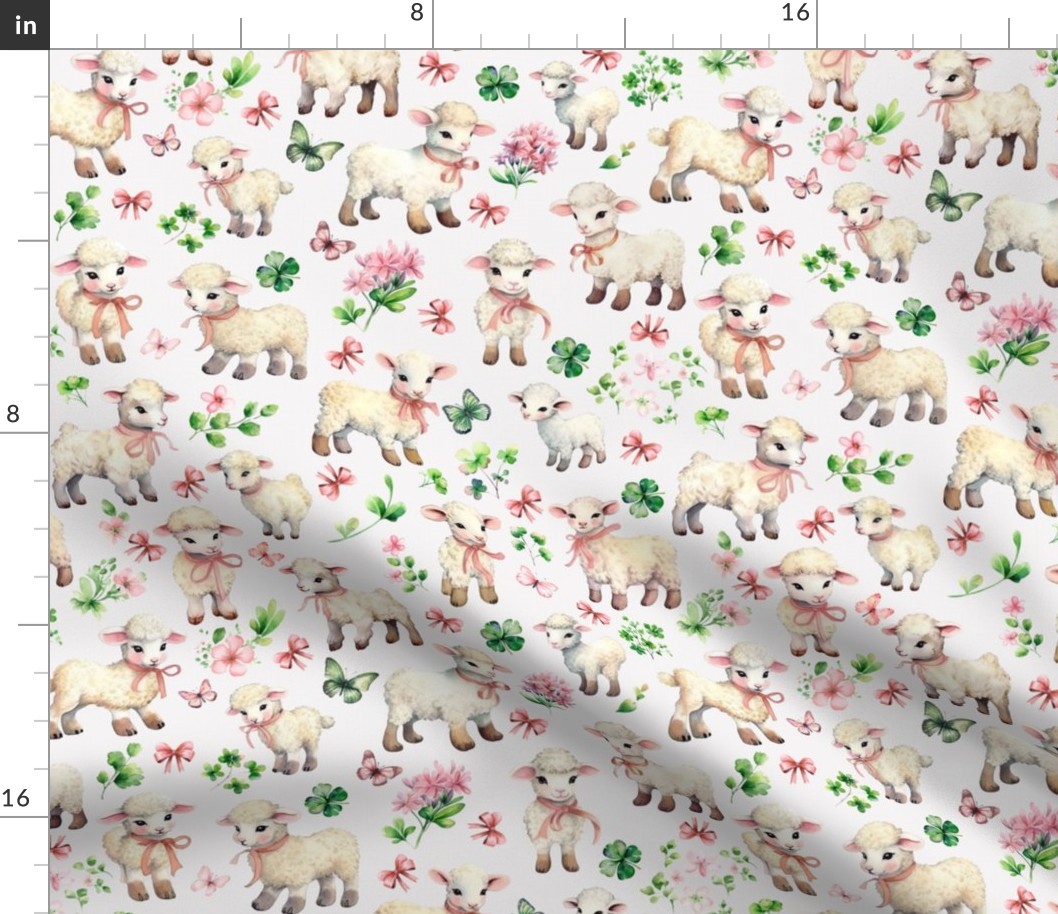 Vintage 40s Lambs in Clover Pink Flowers Bow White Medium  Retro Greeting Card Style