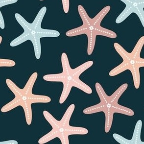 Medium Scale // Scattered Pastel Starfish on Navy Blue