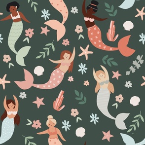 Medium Scale // Pretty Pastel Mermaids with Flowers, Botanicals, Seashells and Coral on Emerald Green