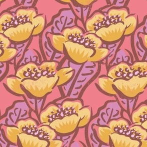Large Blooms Textured Maximalist Flowers - Yellow Lilac over Bright Pink Background