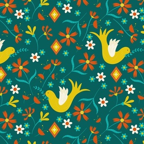 Large-What a wonderful world - Magical yellow birds with teal & red flower garden 