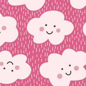 Happy Clouds / big scale / hot pink playful pattern design for kids clouds with faces