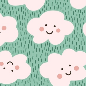 Happy Clouds / big scale / bright green playful pattern design for kids clouds with faces