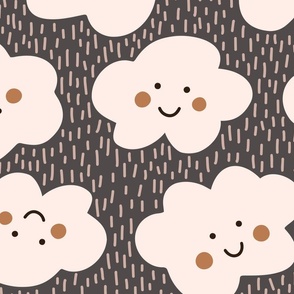 Happy Clouds / big scale / boho charcoal playful pattern design for kids clouds with faces