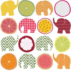 large - Tropical Fruits and Baby Elephants - Retro, Cheerful and Colorful - gender neutral girl or boy nursery