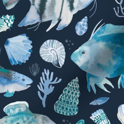  Ocean life Coastal watercolor Fish, seahorse, coral reef and shellfish Navy Blue Medium