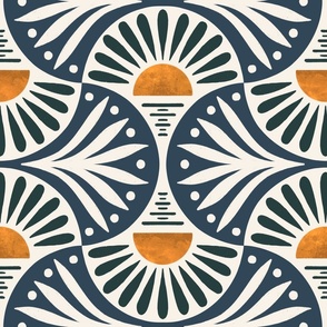 Art Deco Sunset And Leaves Cascades And Gentleman's Gray on Cotton White