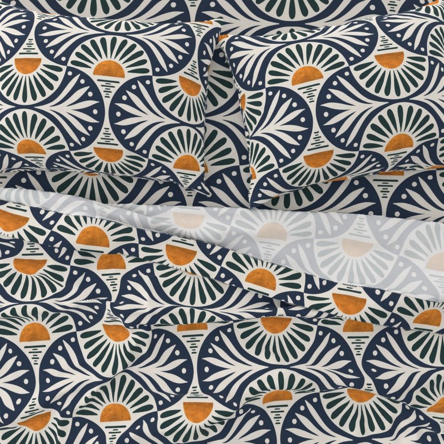 Art Deco Sunset And Leaves Cascades And Navy on Cotton White