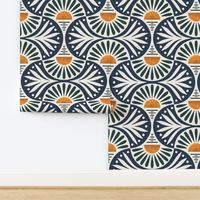 Art Deco Sunset And Leaves Cascades And Navy on Cotton White