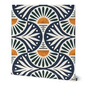 Art Deco Sunset And Leaves Cascades And Navy on Cotton White