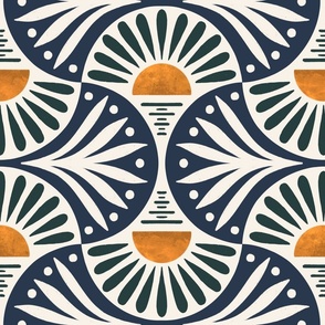 Art Deco Sunset And Leaves Cascades And Navy on Cotton White