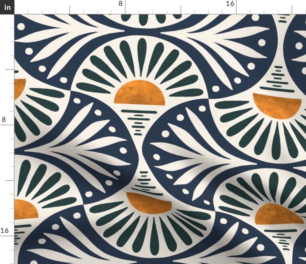 Art Deco Sunset And Leaves Cascades And Navy on Cotton White