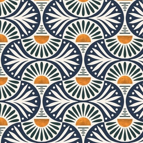 Art Deco Sunset And Leaves Cascades And Navy on Cotton White Medium Scale
