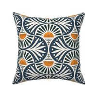 Art Deco Sunset and Leaves Cascades  And Gentleman's Gray on Cotton White Medium Scale