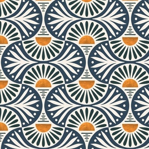 Art Deco Sunset and Leaves Cascades  And Gentleman's Gray on Cotton White Medium Scale