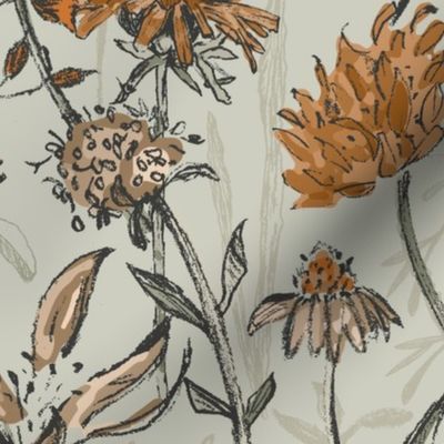 Large Autumn Field of Wildflowers in Sage Green, Ocher Yellow and Pencil Anthracite Grey