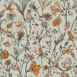 Large Autumn Field of Wildflowers in Sage Green, Ocher Yellow and Pencil Anthracite Grey