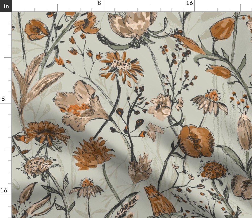Large Autumn Field of Wildflowers in Sage Green, Ocher Yellow and Pencil Anthracite Grey