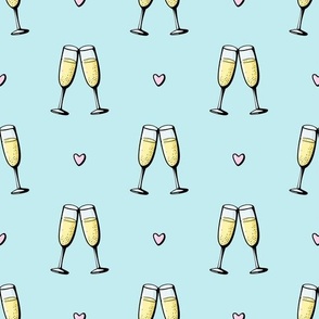 Two champagne glasses couple love drink cheers wineglasses sparkling wine on blue background