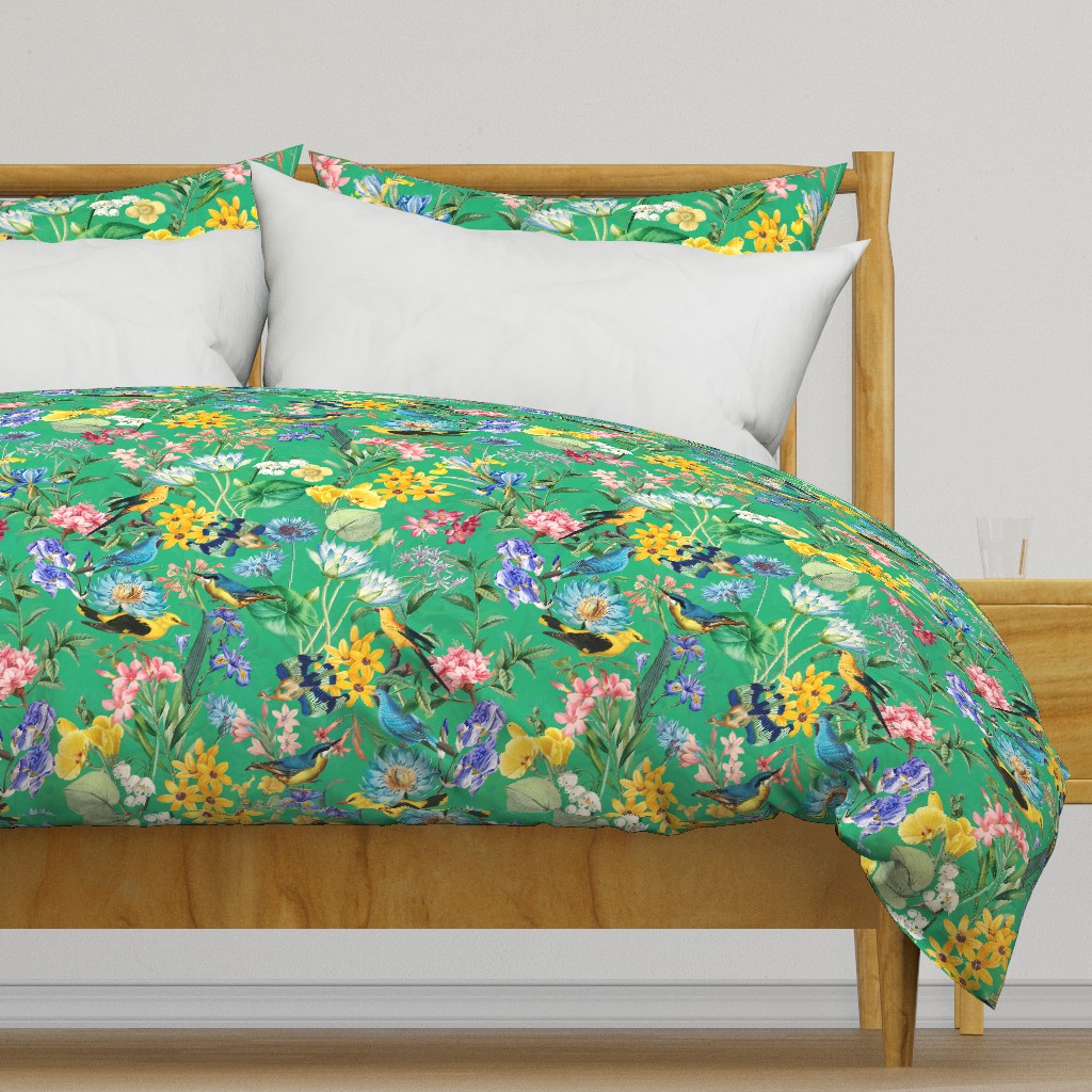 Exotic Summer Rainforest Jungle Beauty:  A Vintage Mysterious Botanical Pattern Featuring leaves blossoms and colorful Tropical birds on emerald green